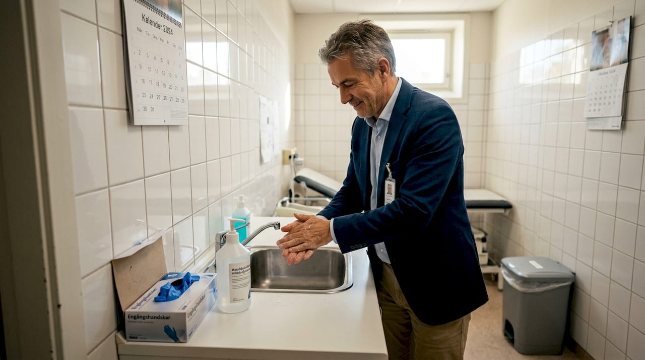 Klinikchefen spritar händerna inne i behandlingsrummet.