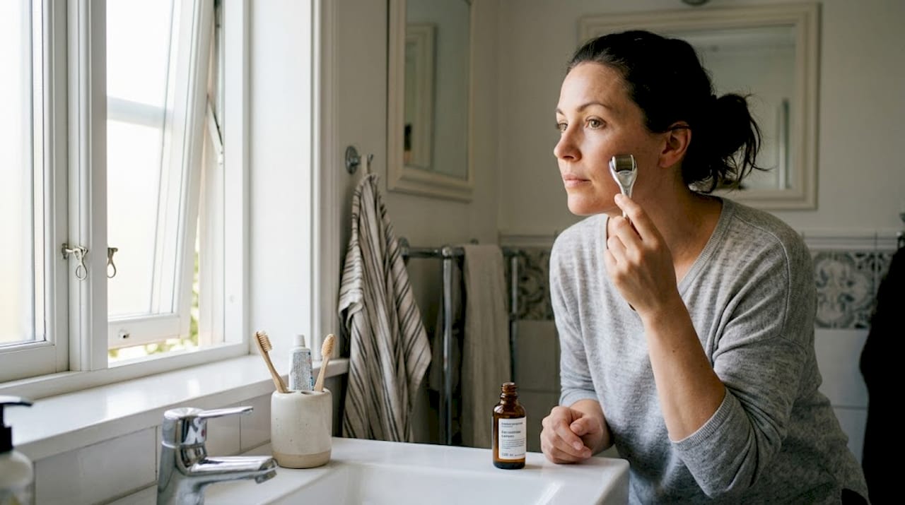 En person använder en dermaroller som en del av sin vardagliga hudvårdsrutin hemma i badrummet.
