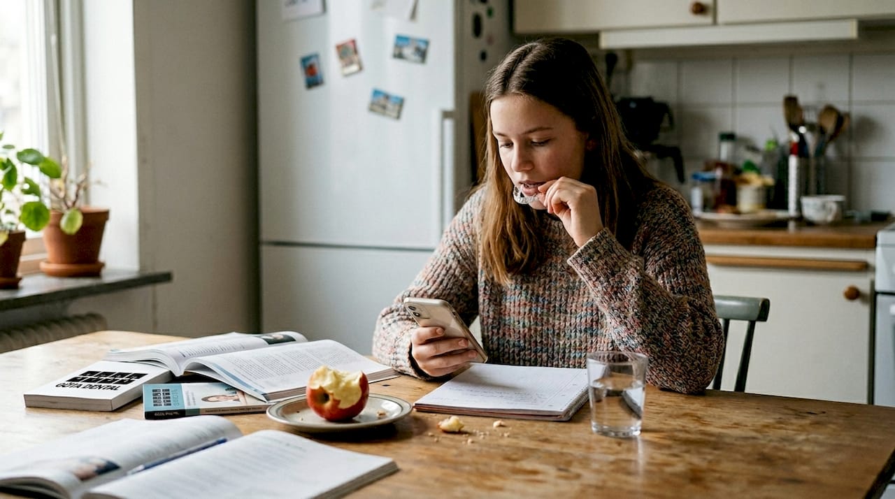 En tonåring sitter vid köksbordet och plockar ur sina aligners.