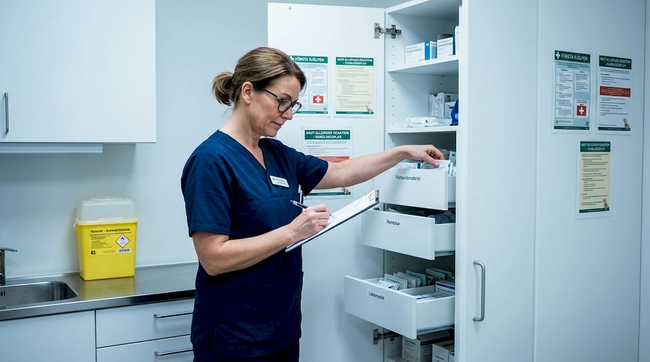 En klinikassistent ser över akutförrådet