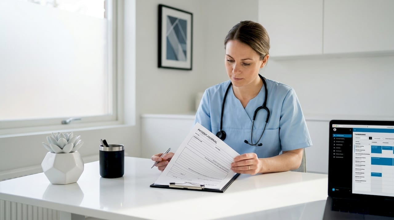 En medicinsk specialist går igenom en patients journal på mottagningen.