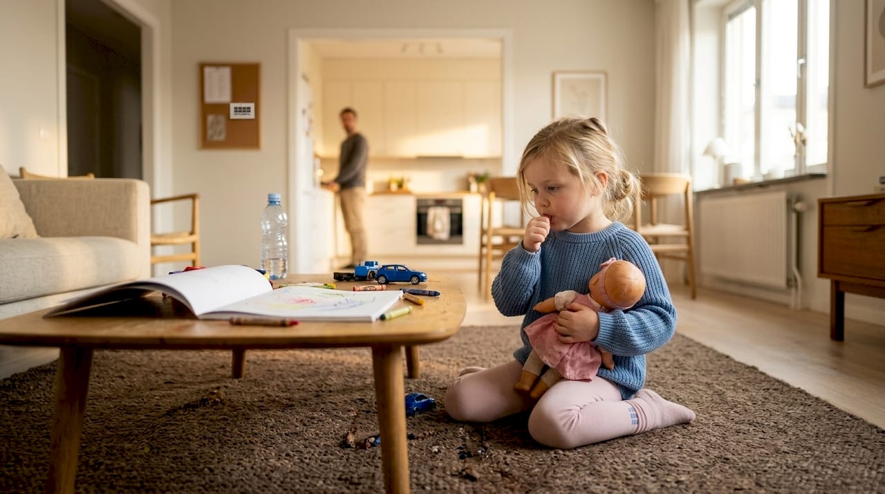 Ett barn sitter hemma och suger på tummen medan det leker med sin docka.