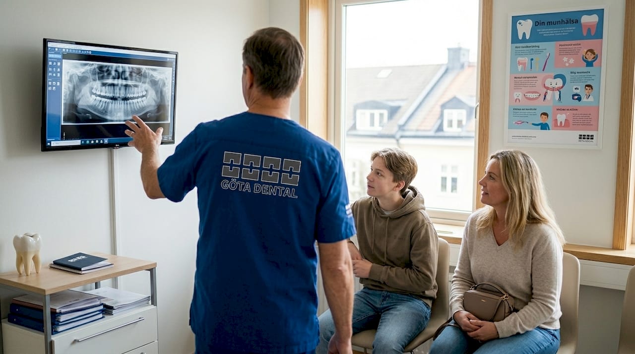 Tandregleraren har ett samtal med en tonåring och dennes förälder om behandlingsalternativ.