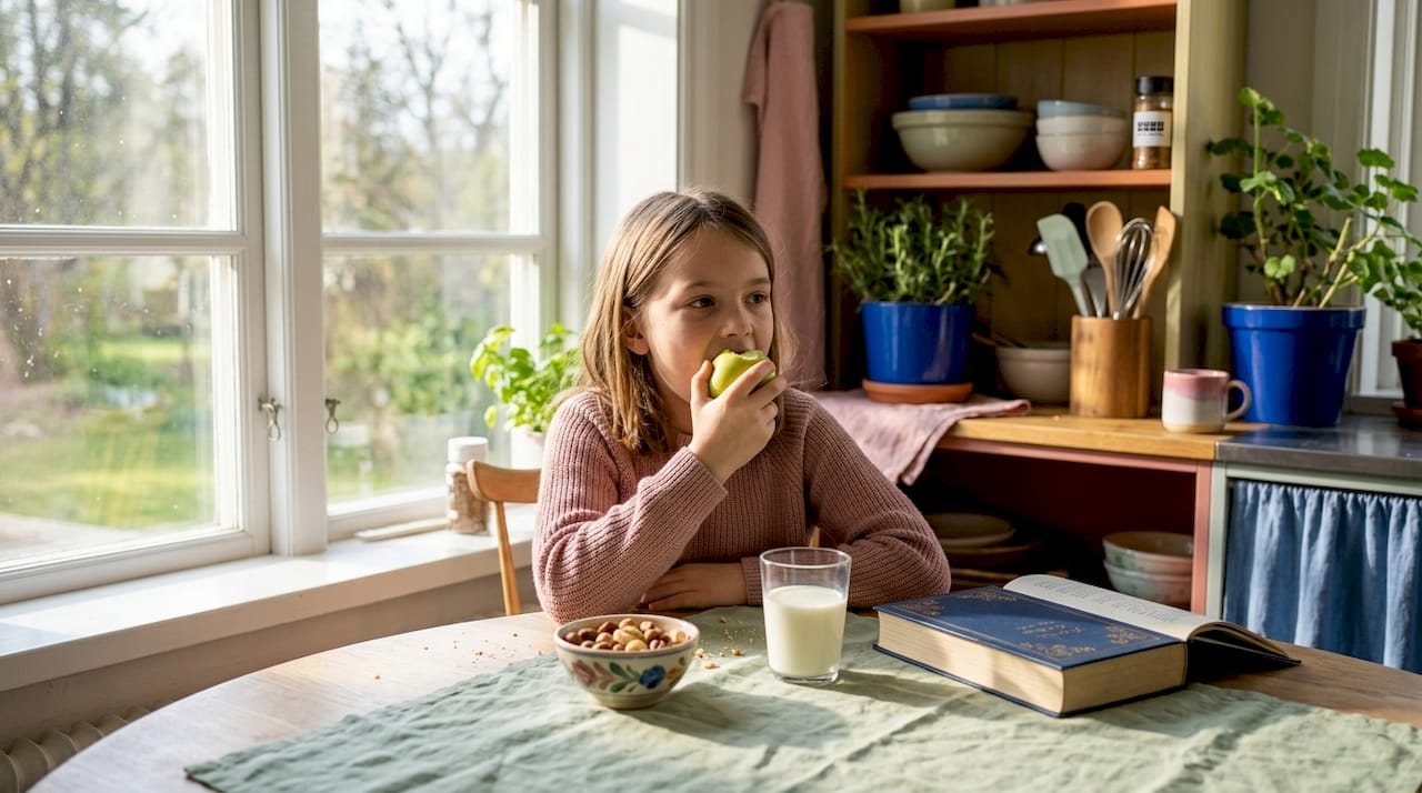 Ett barn sitter vid köksbordet hemma och tar en sned tugga av sitt äpple.