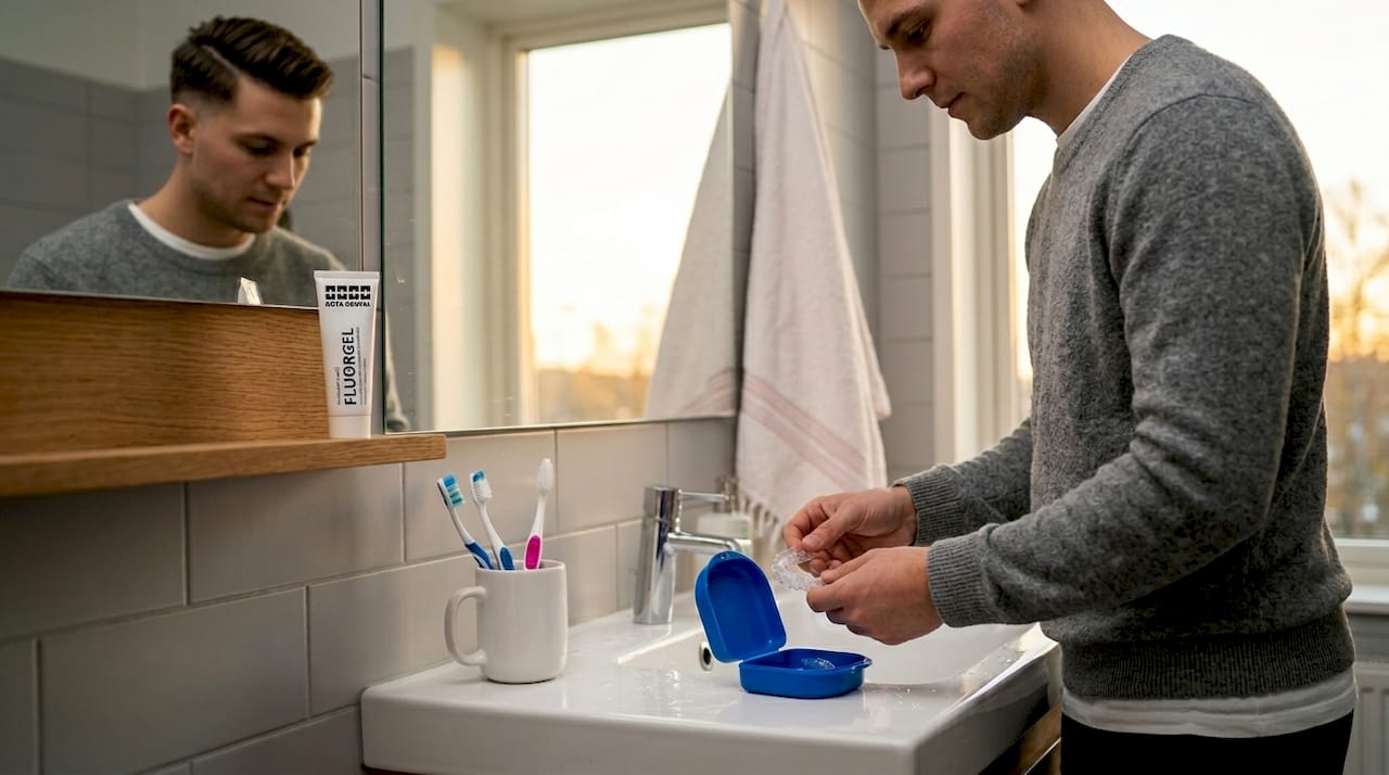 Man plockar fram sin bettskena framför badrumsspegeln.