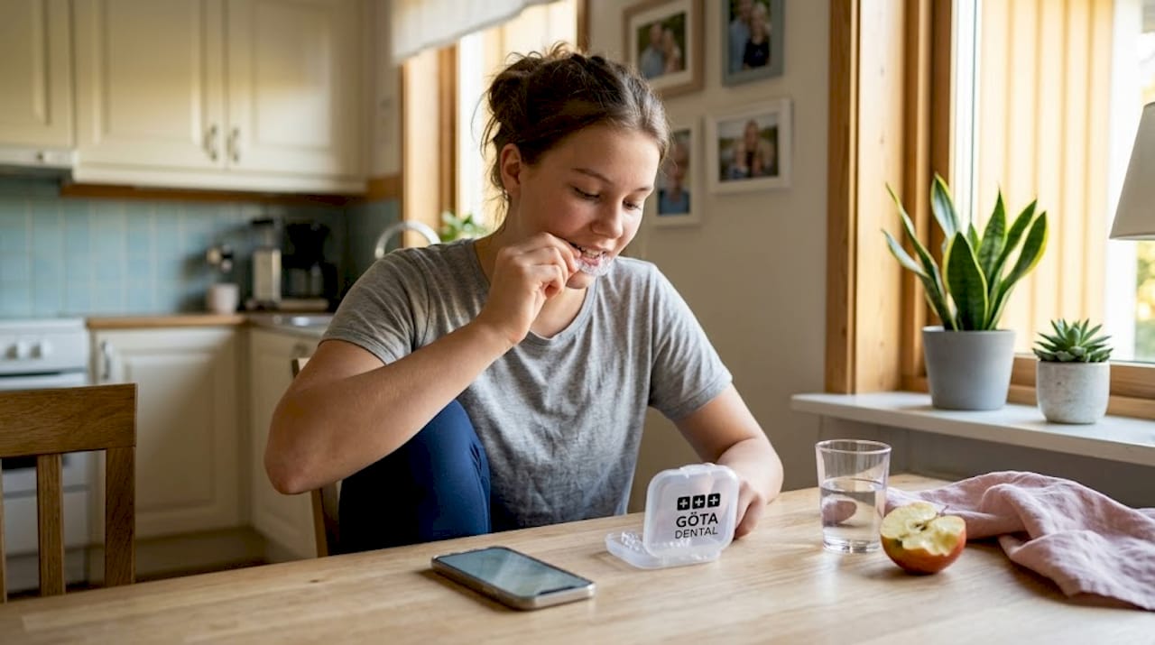 Tonåring sitter vid köksbordet och justerar sina aligners