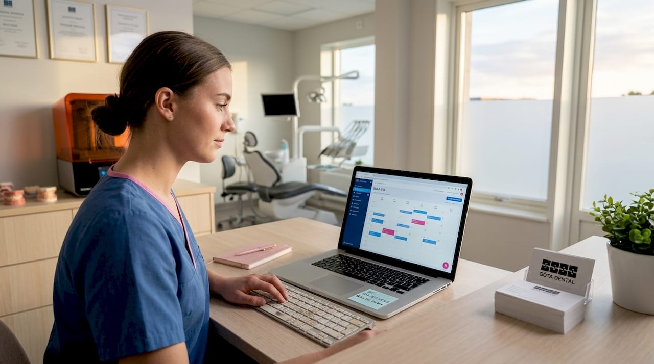 Tandvårdspersonal som smidigt bokar och hanterar patienttider med hjälp av digitala verktyg