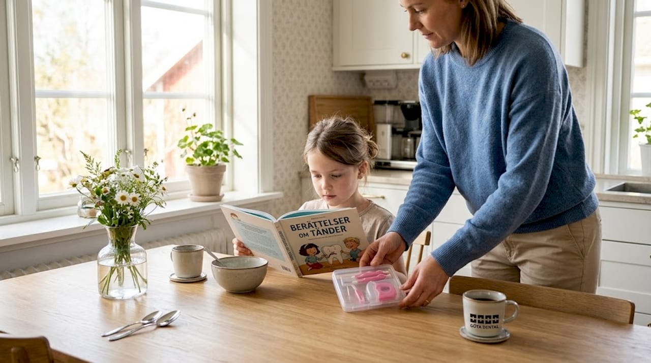 Inför tandreglering brukar föräldrar prata med sina barn hemma för att förbereda dem på vad som väntar.