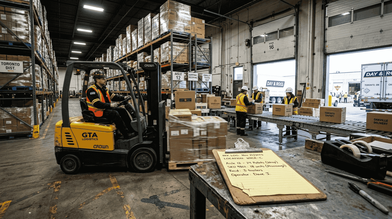 Warehouse staff and forklift at GTA distribution center