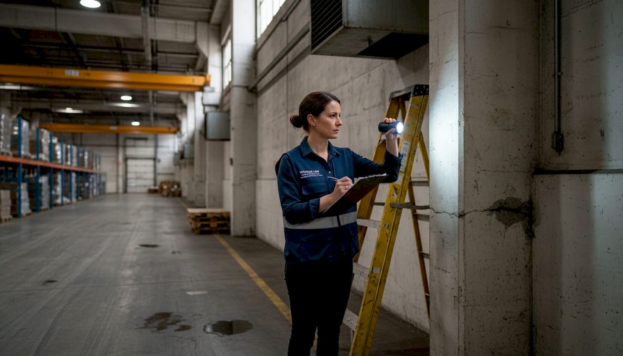 Inspector checking warehouse beams and making notes