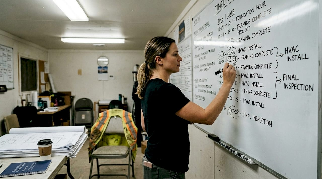 Site supervisor updating fit-out timeline whiteboard