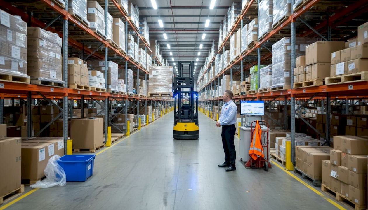 Warehouse supervisor observes robotic forklift in action