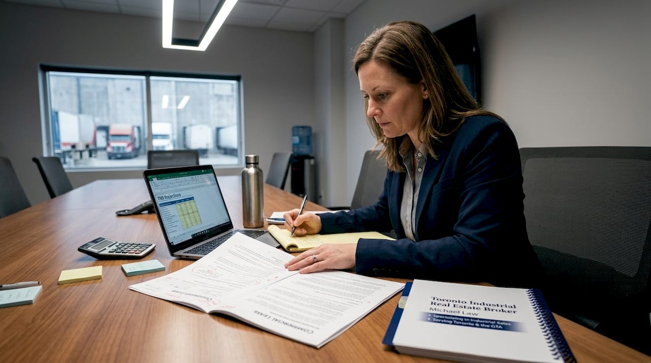 Businesswoman reviewing industrial lease negotiation details