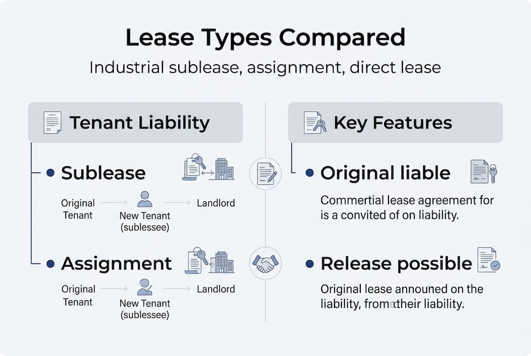 Infographic comparing sublease, assignment, direct lease