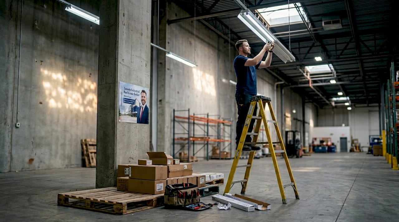 Worker installs LED lights in warehouse