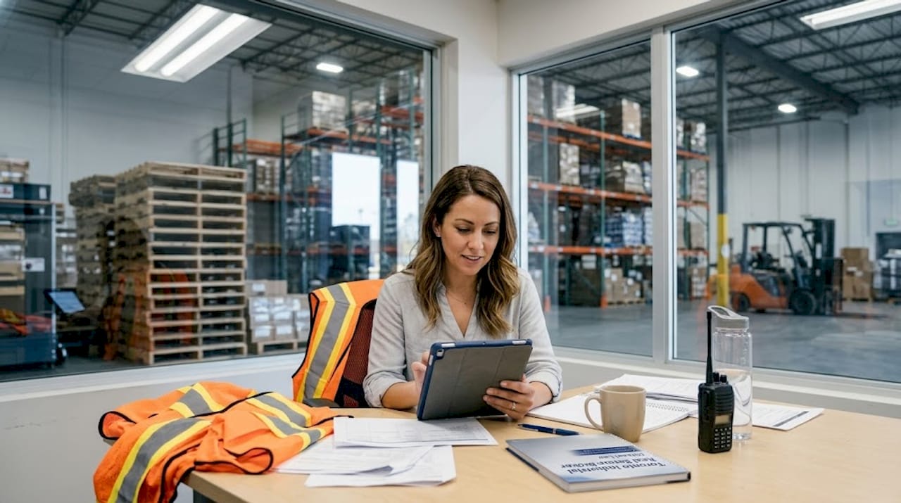 Warehouse office with coordinator at messy desk