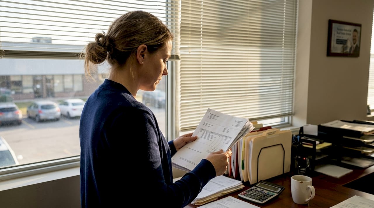 Property manager checks building expense paperwork