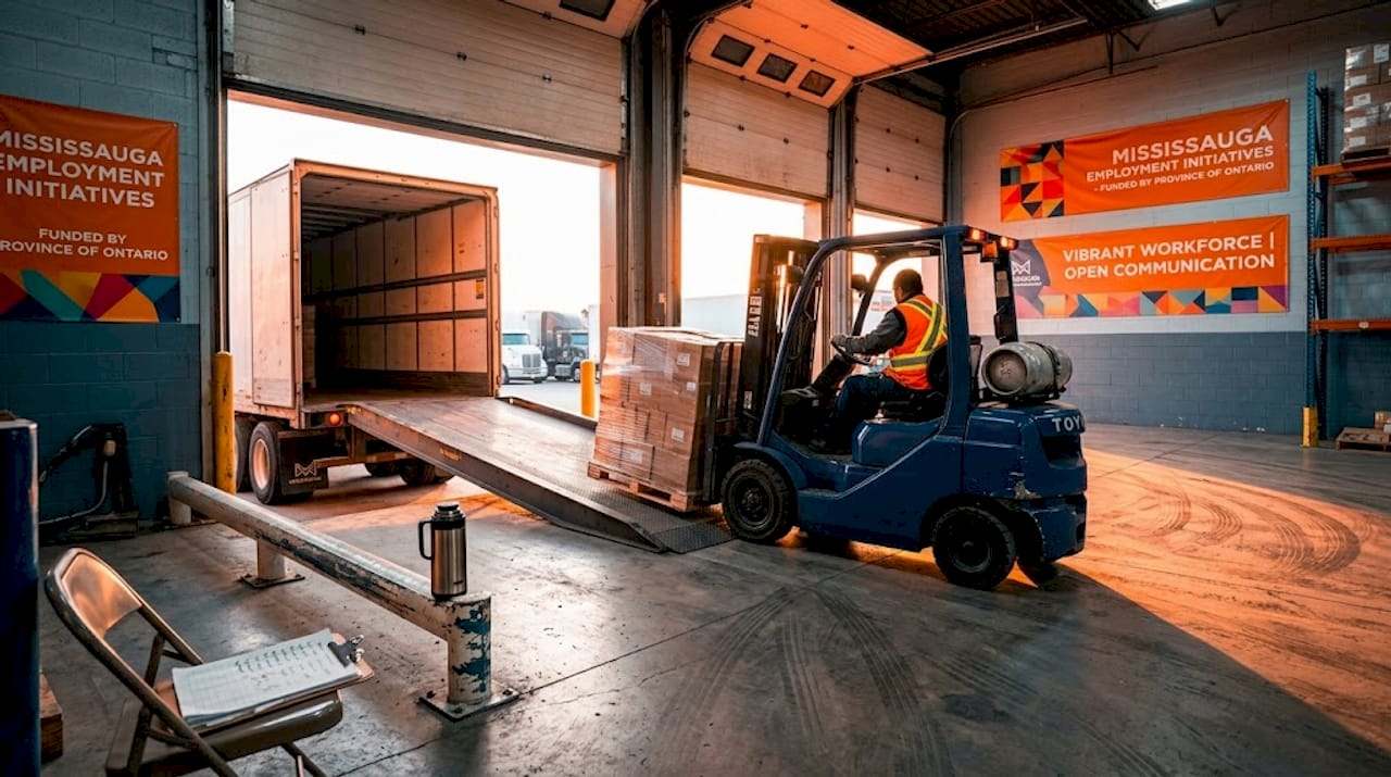 Forklift unloading at Mississauga warehouse