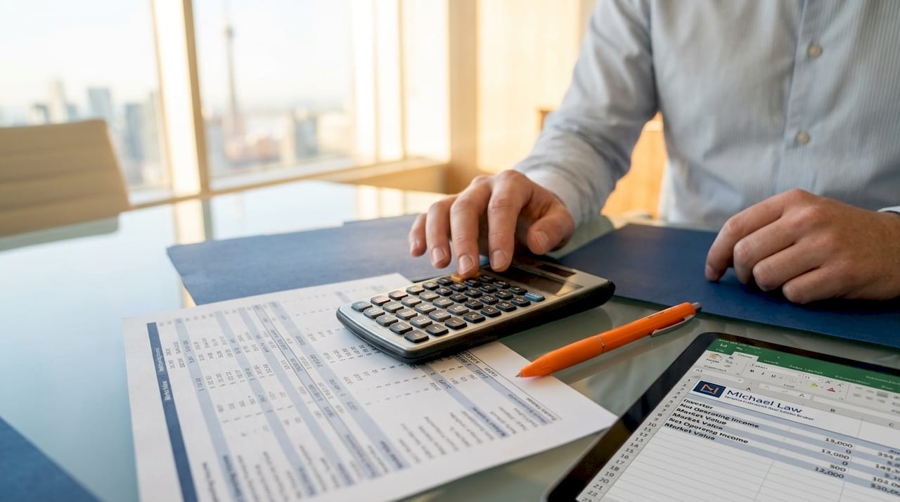 Hands calculating cap rate on printed documents