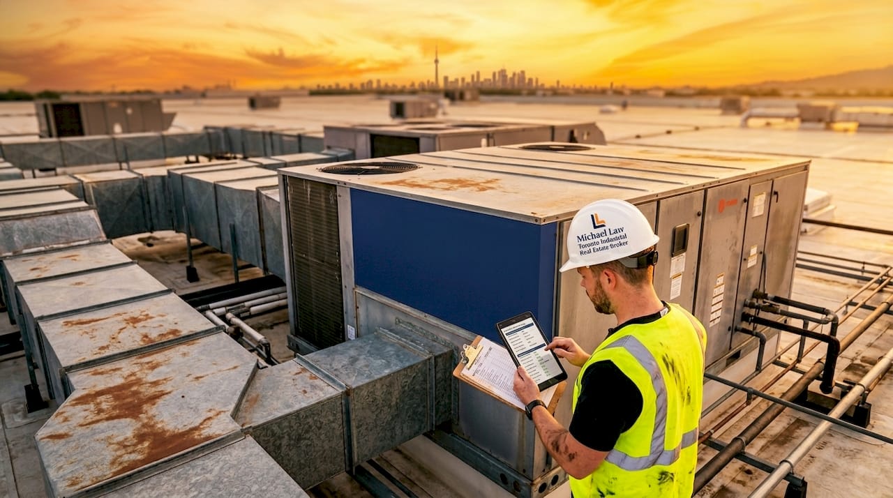 Engineer inspecting rooftop HVAC units