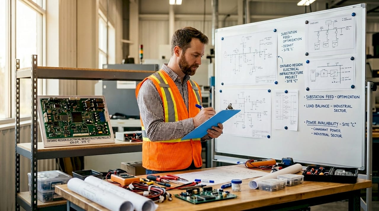 Engineer assessing industrial power supply diagrams