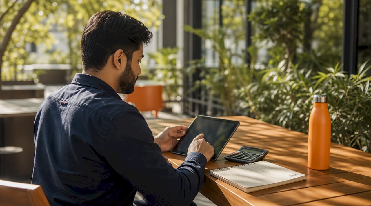 Hands calculating net operating income on tablet
