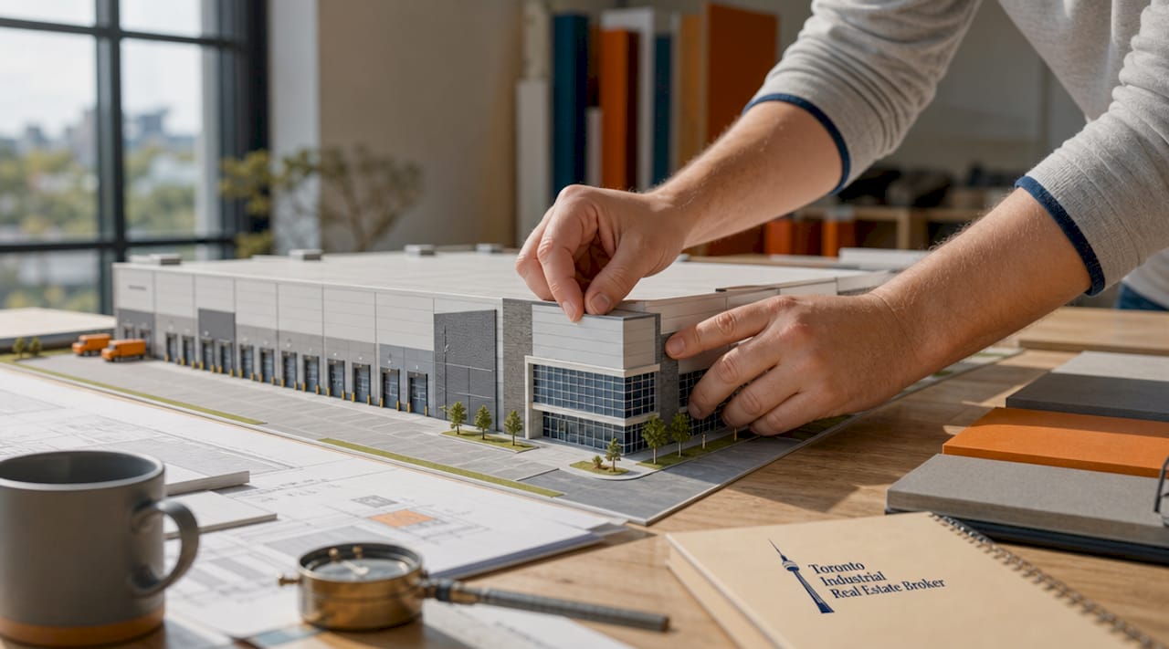 Hands measuring warehouse model roof height