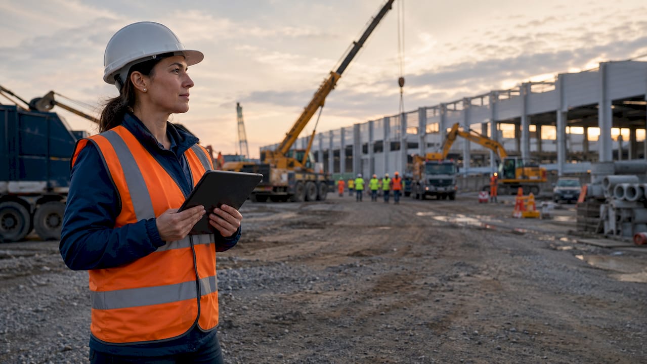 Female inspector assessing industrial development site outdoors