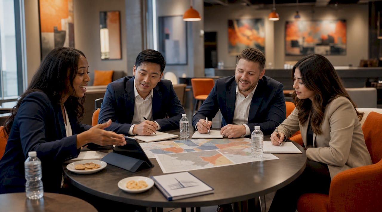 Team discussing Dallas submarket investment maps