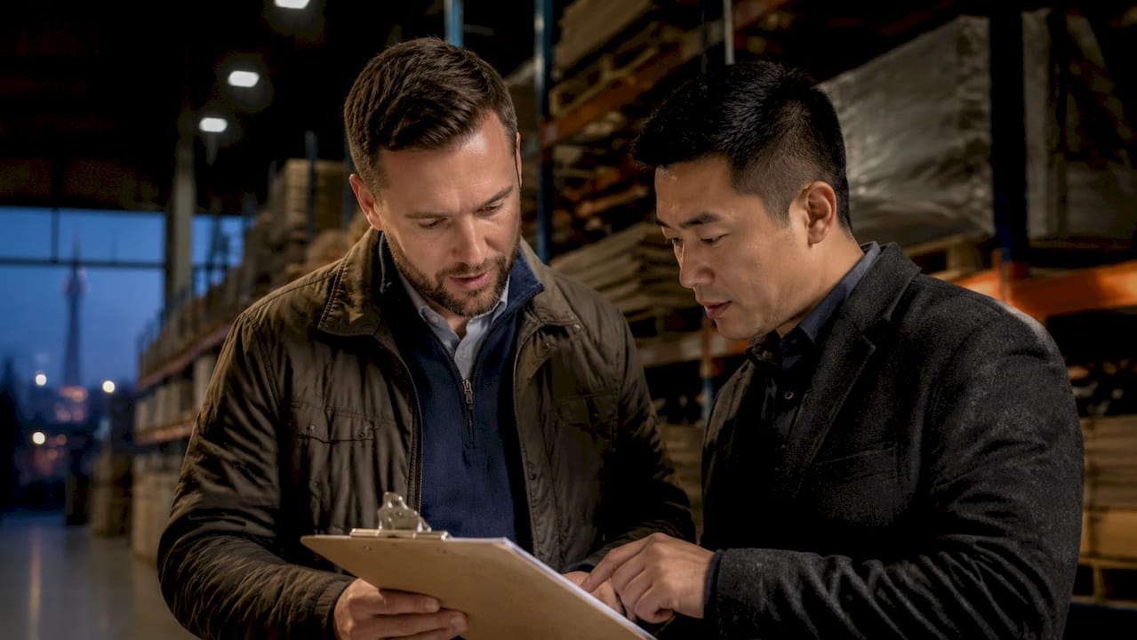 Industrial warehouse and property manager reviewing notes outdoors