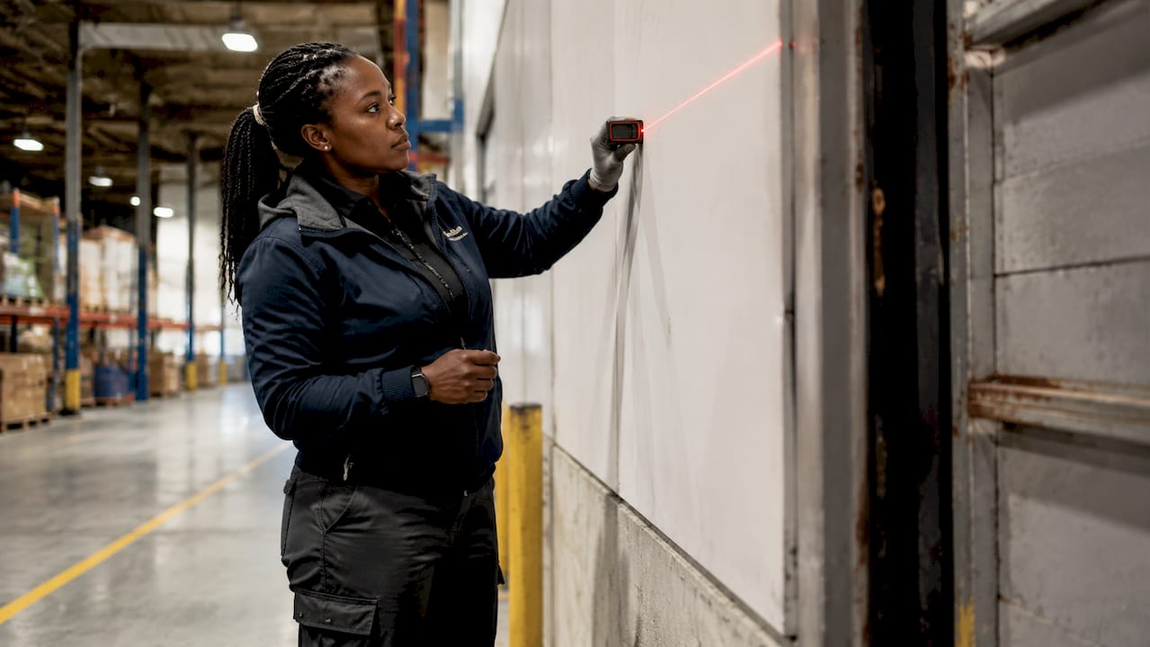 Facility manager measuring warehouse clear height