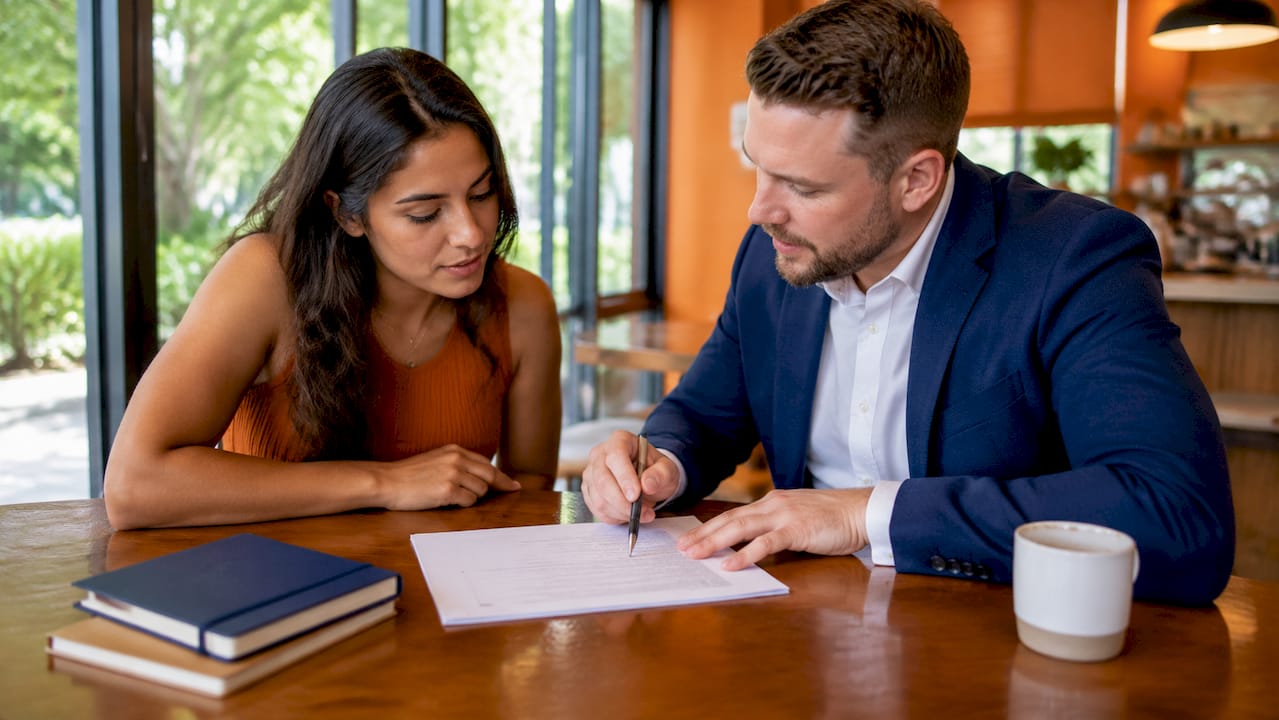 Tenant and broker reviewing commercial lease details