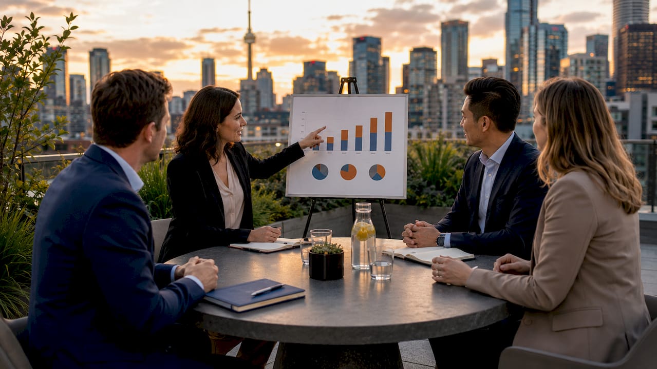 Team discussing office market trends in conference room