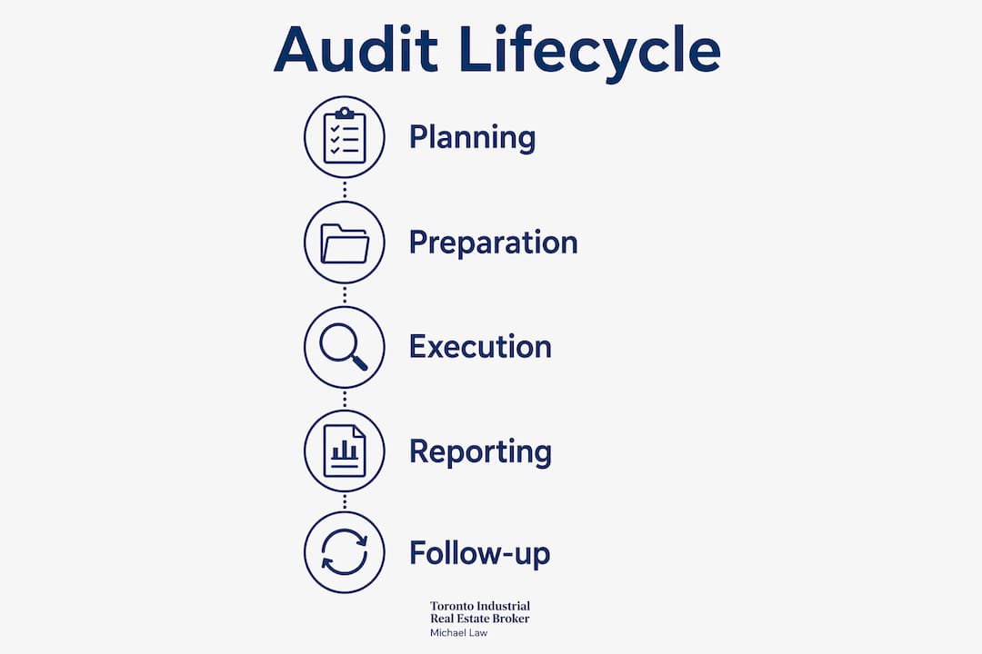 Infographic illustrating five-stage industrial audit lifecycle
