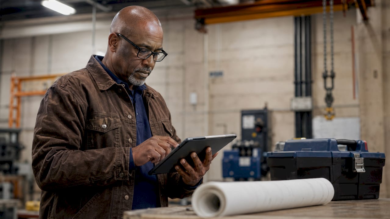 Hands using tablet for industrial audit checklist outdoors