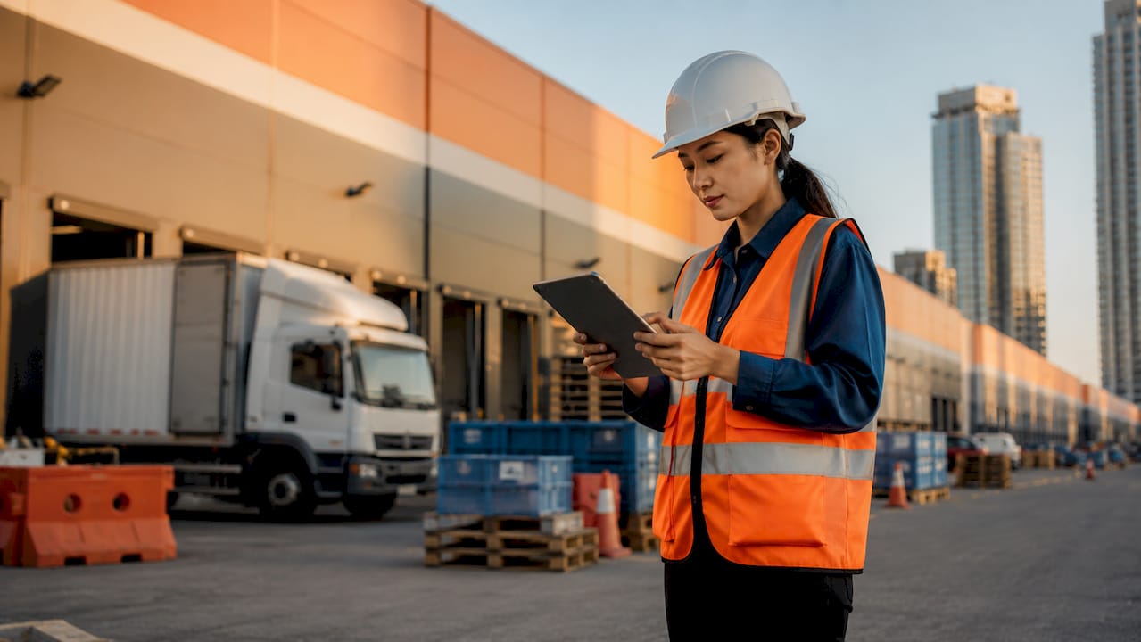 Analyst inspecting Louisville industrial warehouse outdoors