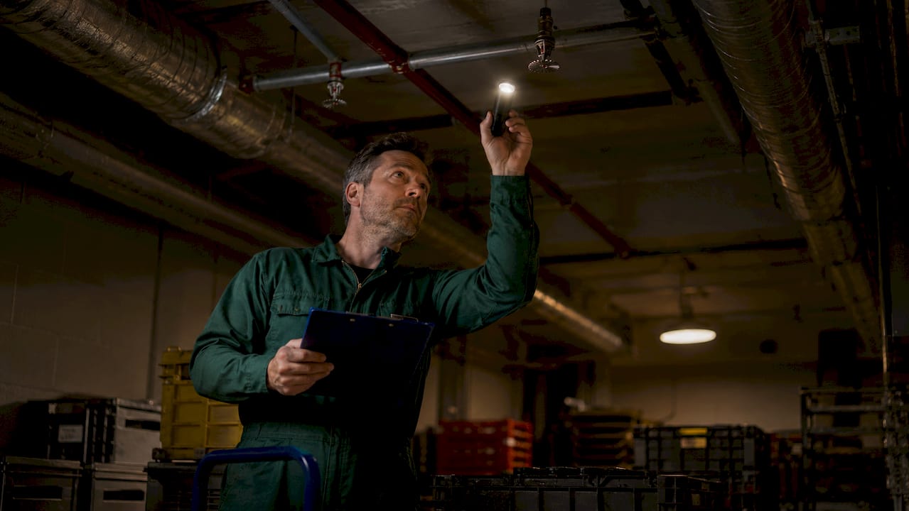 Technician inspecting fire suppression system in warehouse