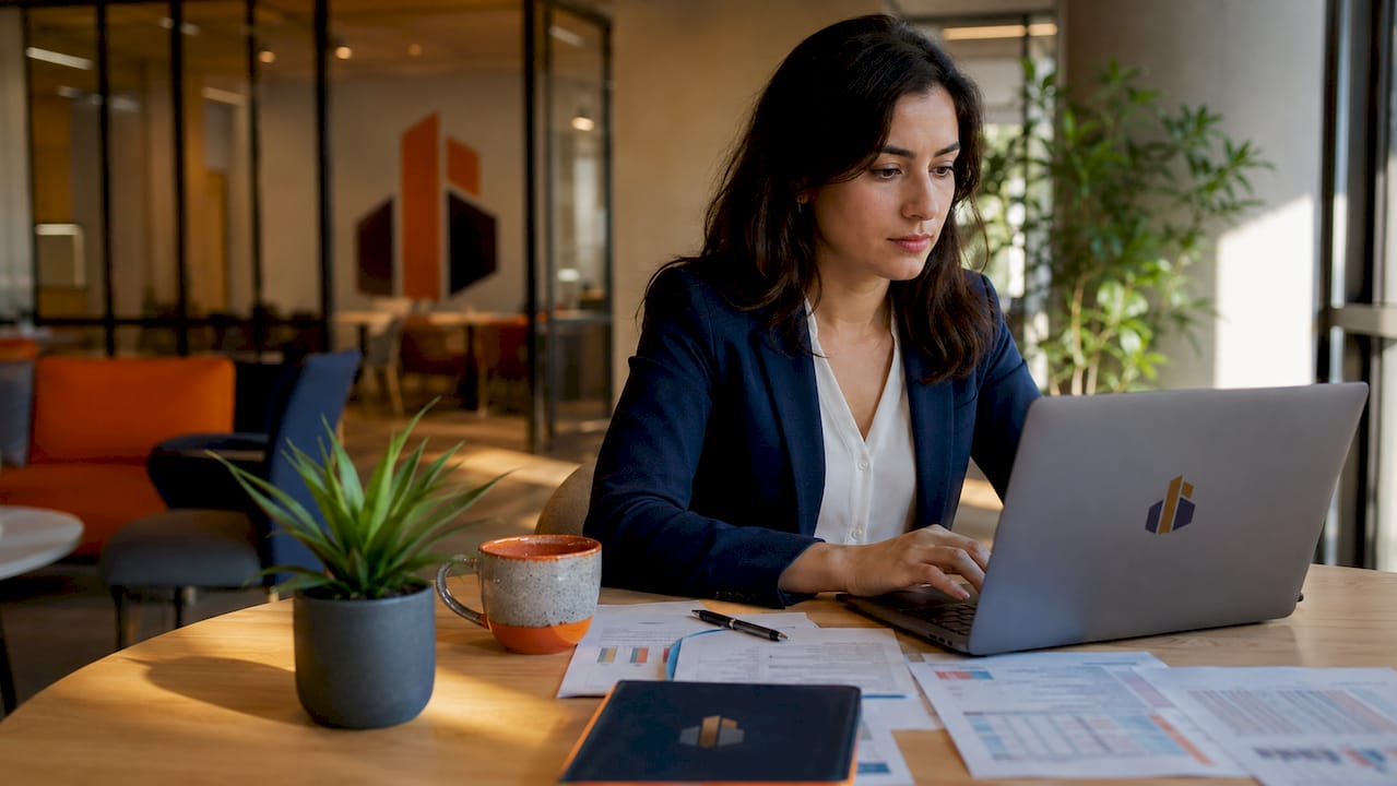 Hands typing on laptop with finance spreadsheets overhead