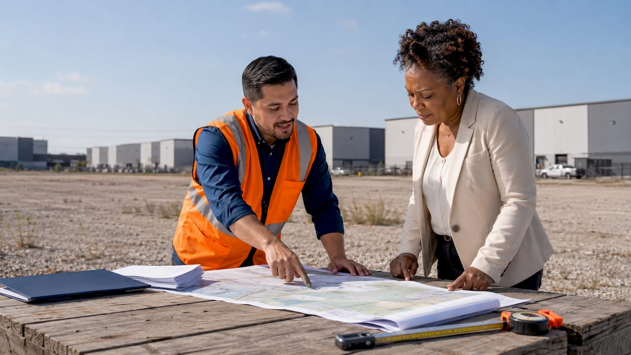 Consultant and client reviewing industrial property map