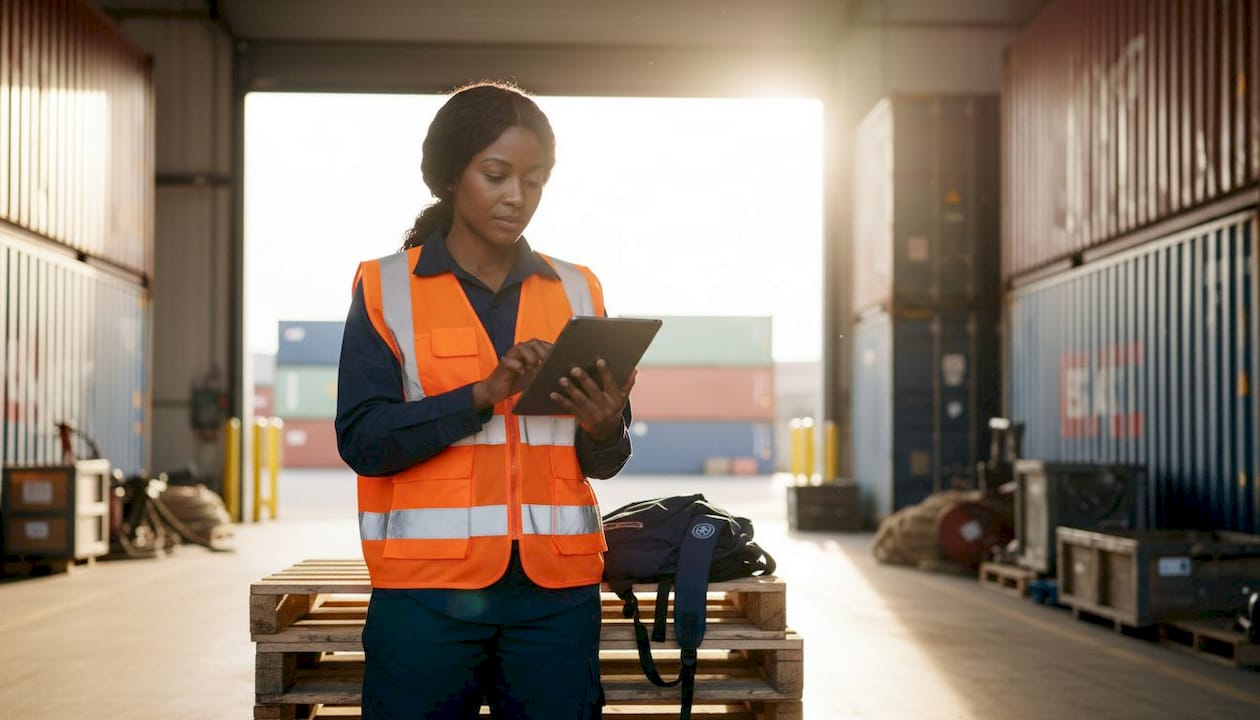 Facility manager using tablet in industrial site office