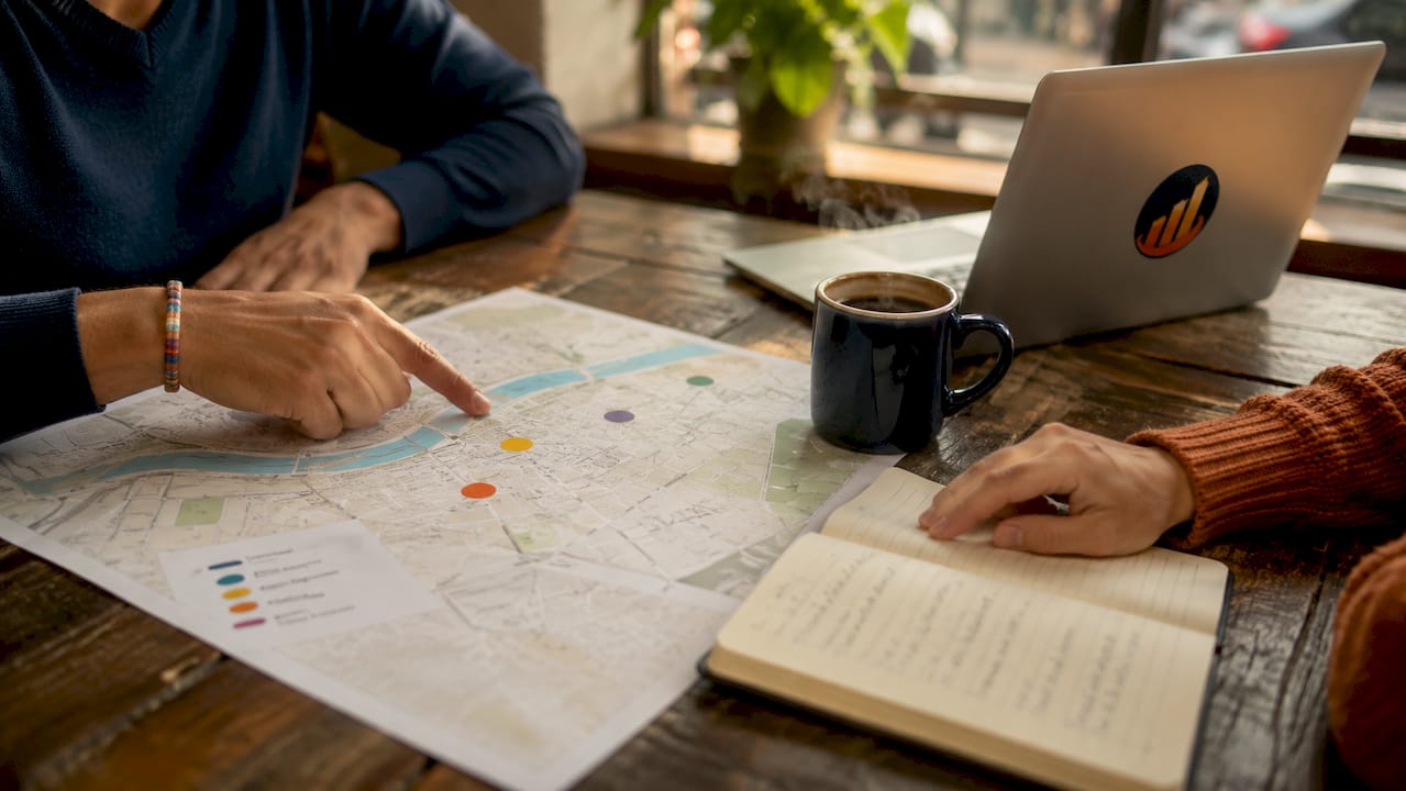 Hands analyzing Pittsburgh commercial real estate map