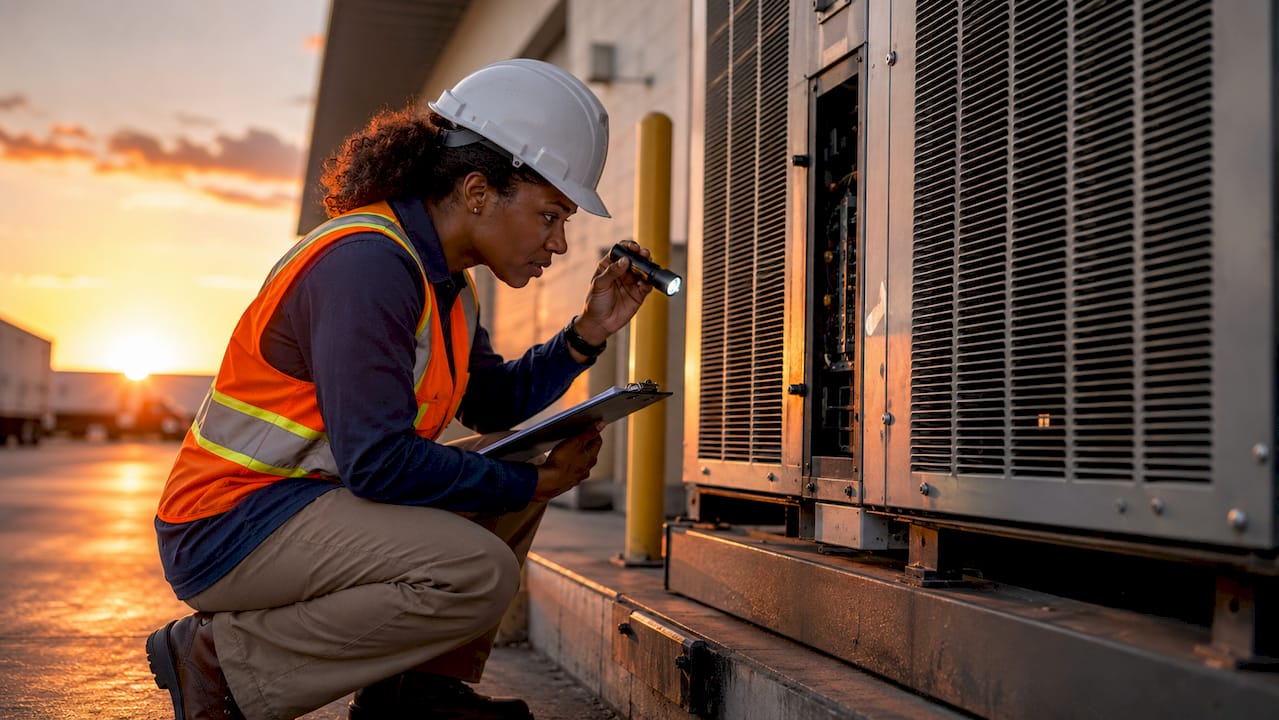 Technician inspecting warehouse HVAC system outside