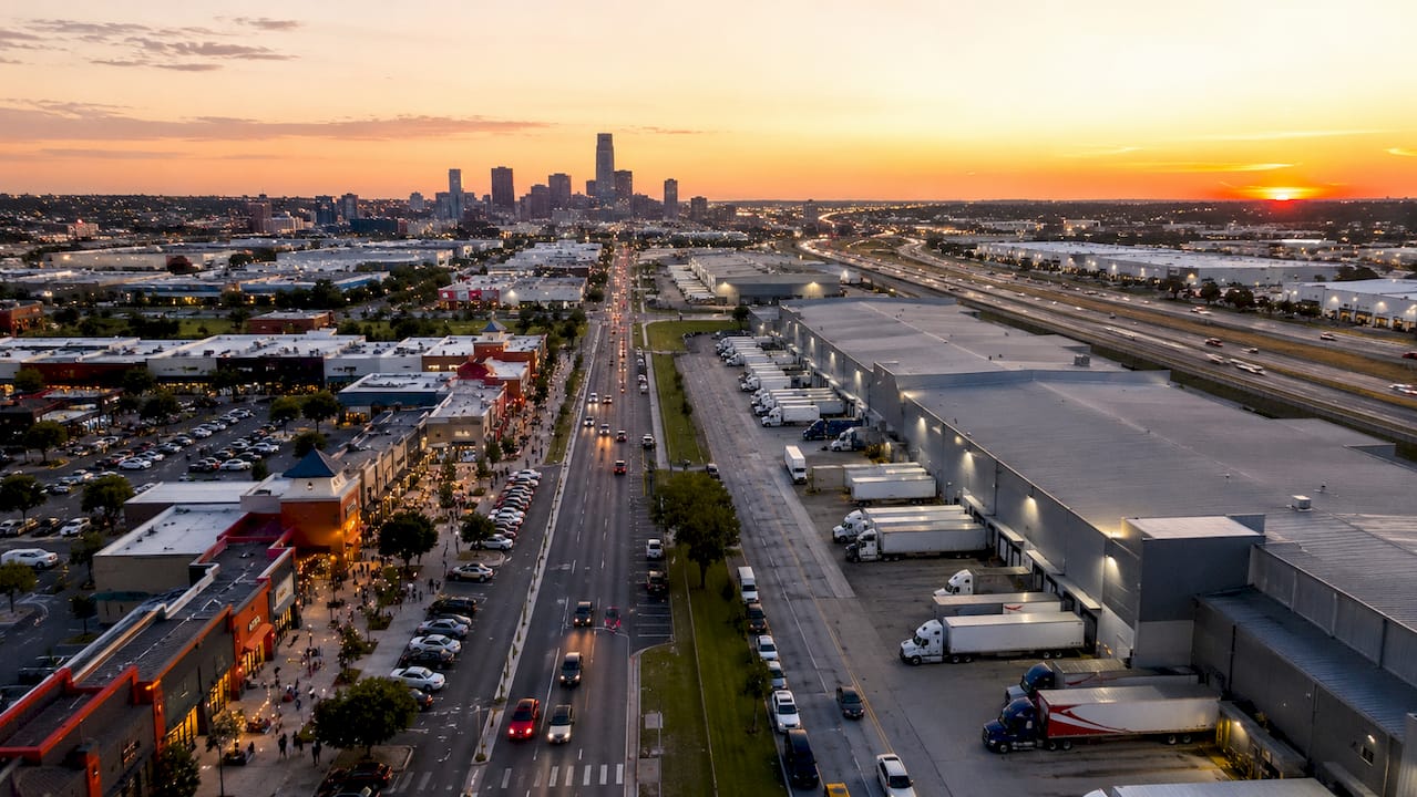 Aerial view of retail and industrial zones in Oklahoma City