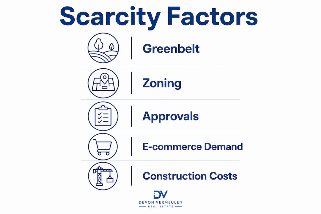 Infographic illustrating factors causing industrial space scarcity