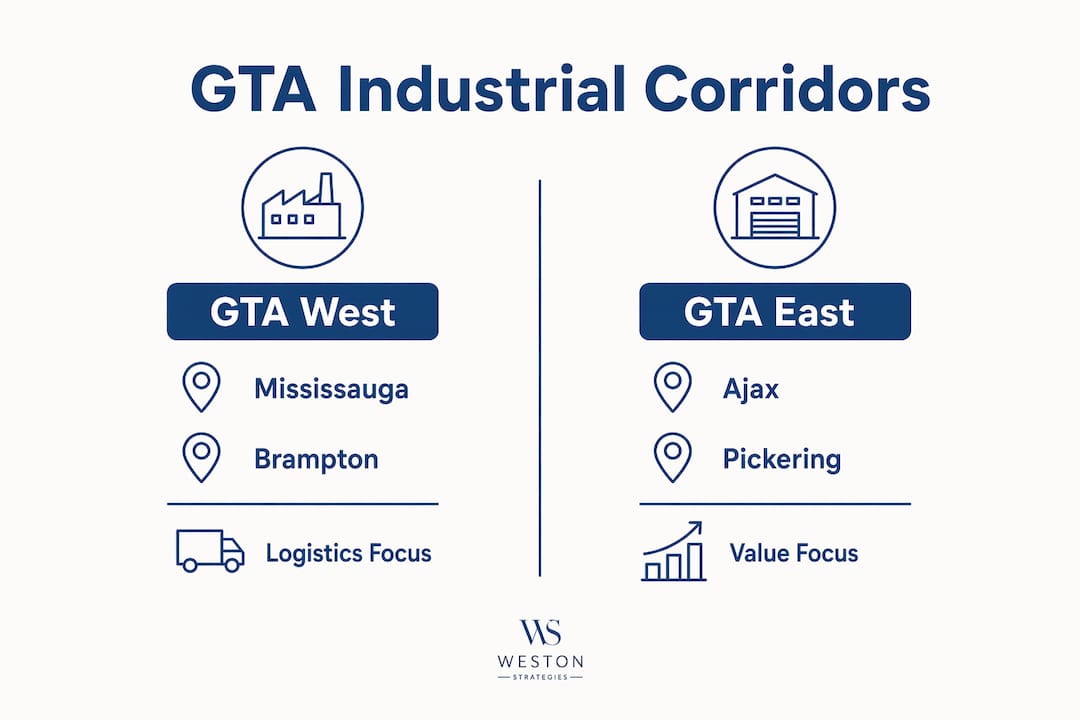 Infographic comparing GTA West and East industrial submarkets