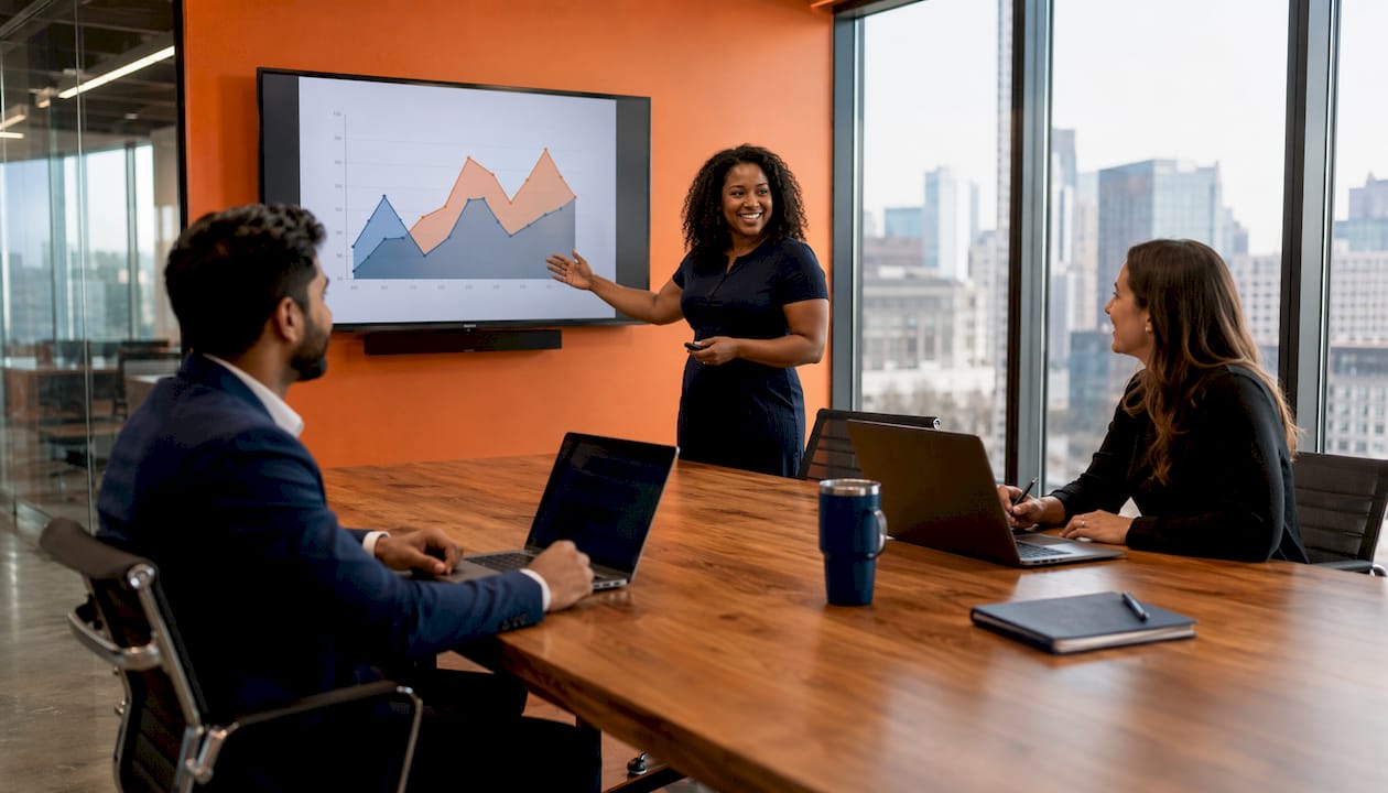 Industrial team analyzing property type charts in meeting