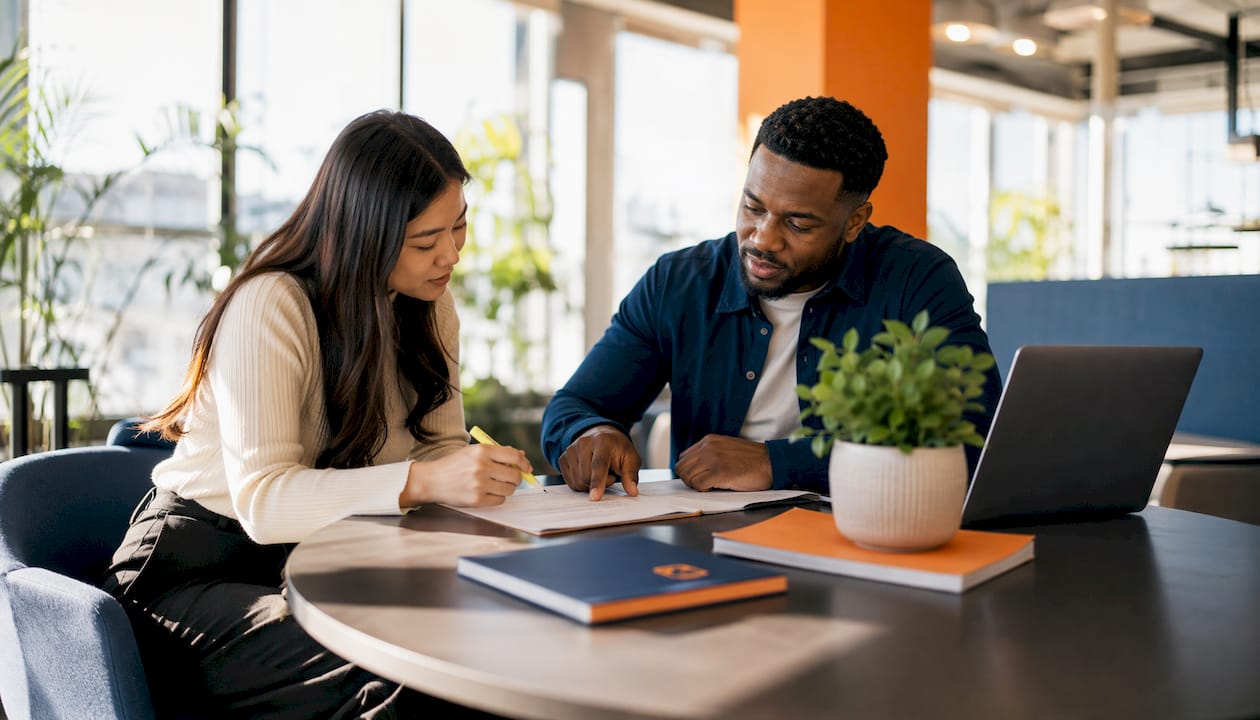 Two professionals reviewing logistics tenant lease documents