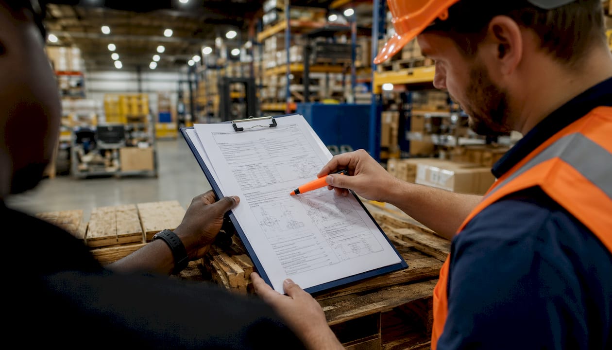 Hands holding logistics property inspection checklist outdoors