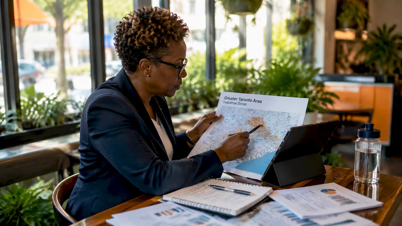 Woman analyzing Toronto industrial rents map overhead
