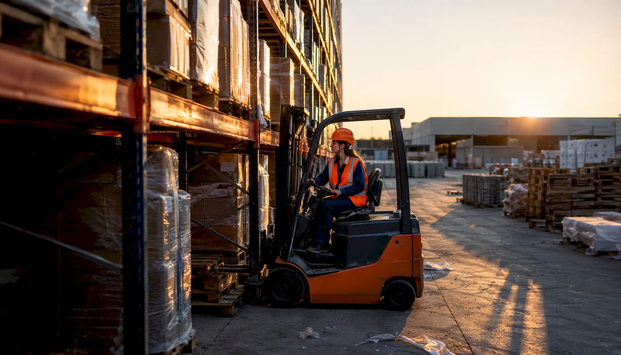 Forklift operator navigating narrow aisles between warehouse racks